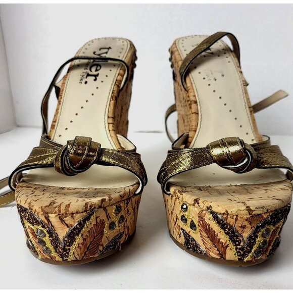 Richard Tyler Wedges Beads Embroidery Brown and Gold Sandals Size 6.5 - Picture 3 of 14